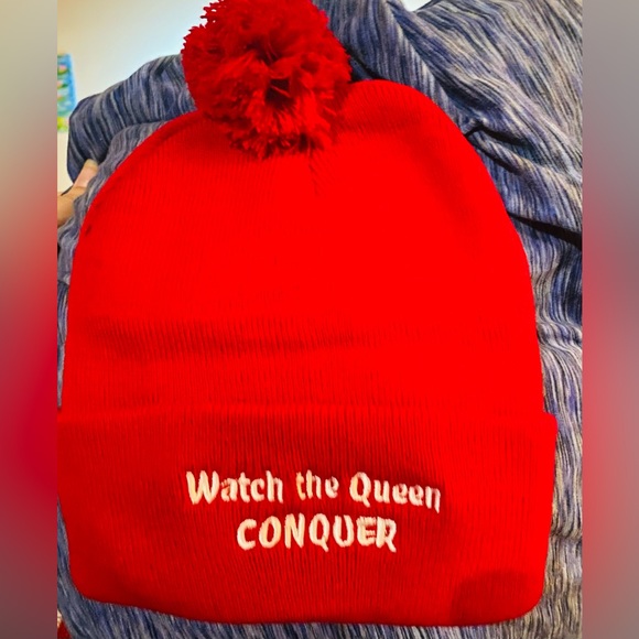 New Watch the Queen Conquer - My original design pompom knit embroidered beanie - Picture 3 of 3